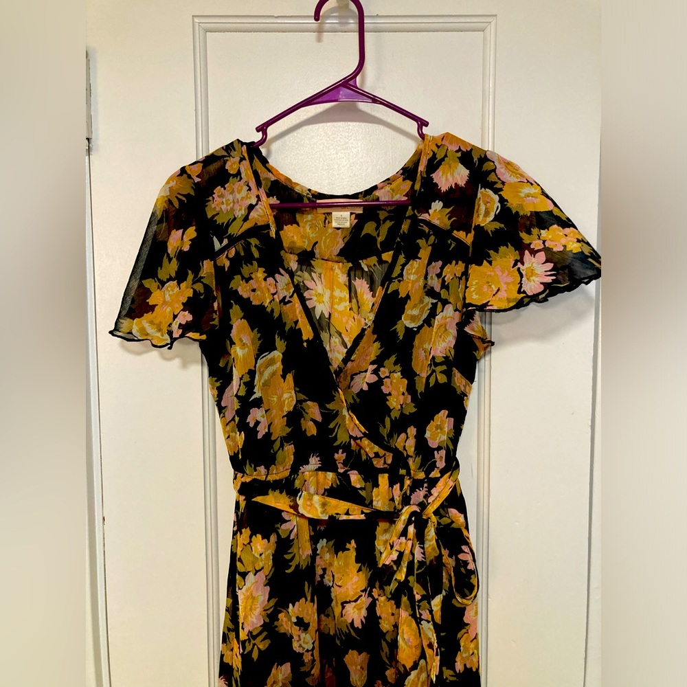 Black and orange floral “wrap” dress